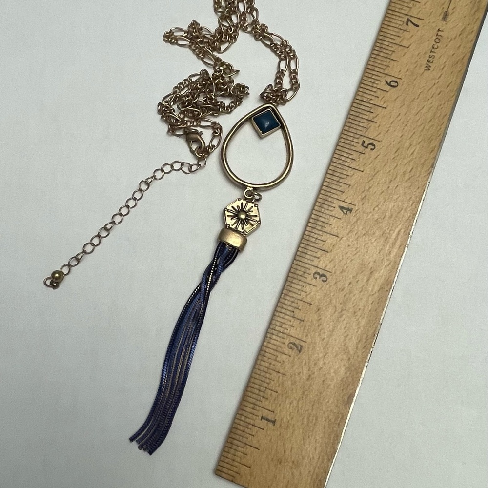 Gold Metal and Blue Stone Long Necklace - Picture 6 of 11